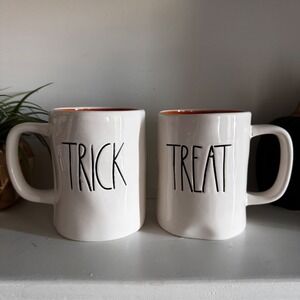 Rae Dunn Trick or Treat Halloween‎ Mug Set of 2 White Orange Interior Ceramic